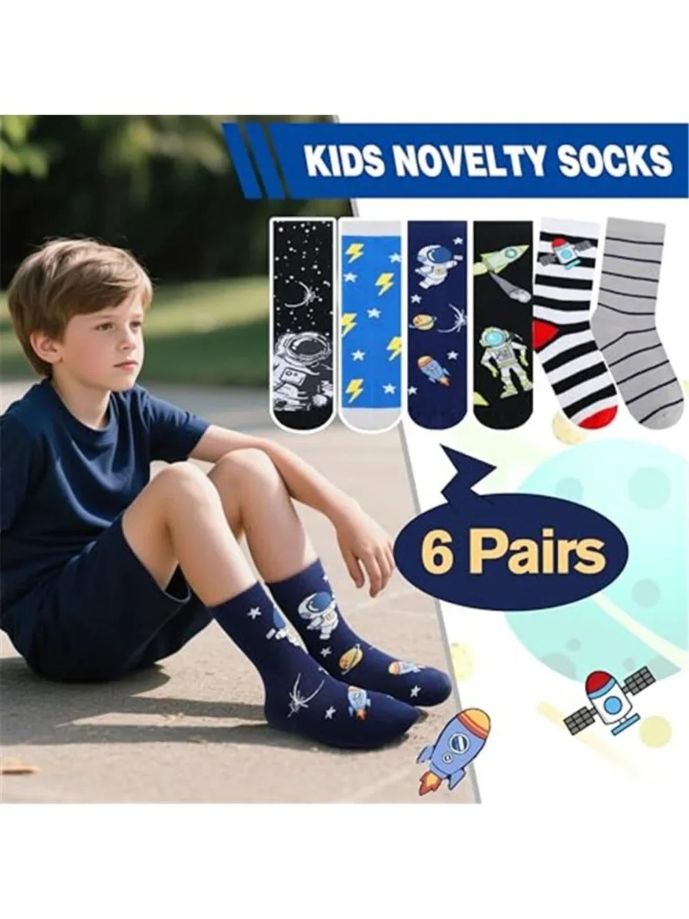 6 Pairs Kids Boys Fun Cotton Crew Socks Funny Crazy Cartoon Novelty Space